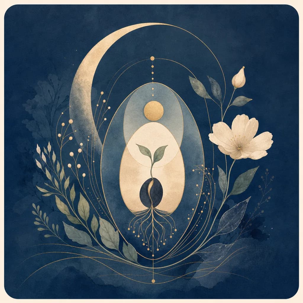 Botanical blue illustration of a seed, moon, and blossom for fertility preparation