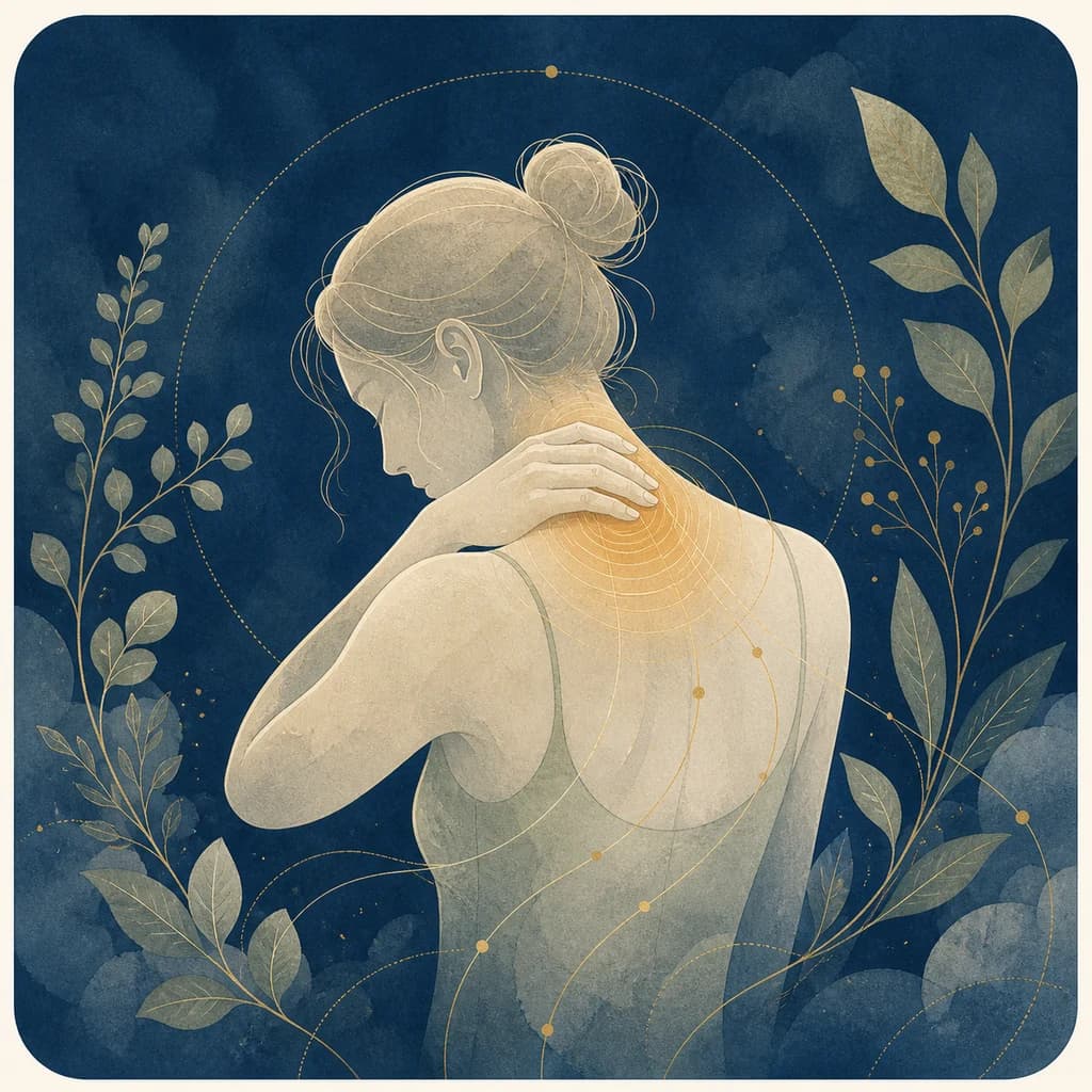Botanical blue illustration of acupuncture support for back and shoulder pain