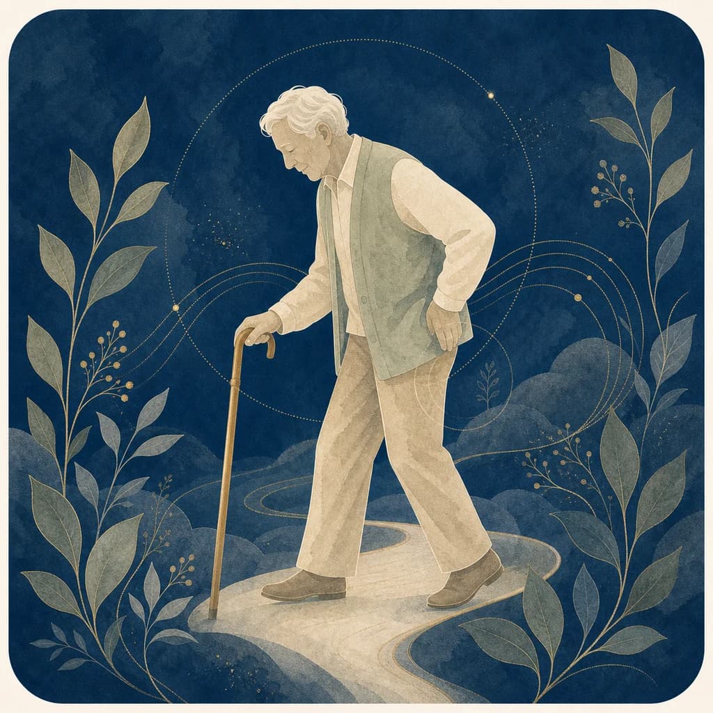 Botanical blue illustration of steady movement and later-life mobility