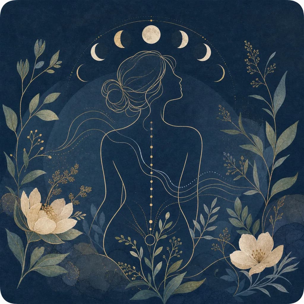 Botanical blue illustration of moon phases and women’s life seasons